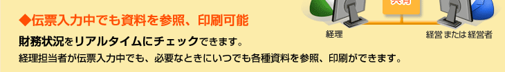 ◆伝票入力中でも資料を参照、印刷可能　財務状況をリアルタイムにチェックできます。経理担当者が伝票入力中でも、必要なときにいつでも各種資料を参照、印刷ができます。